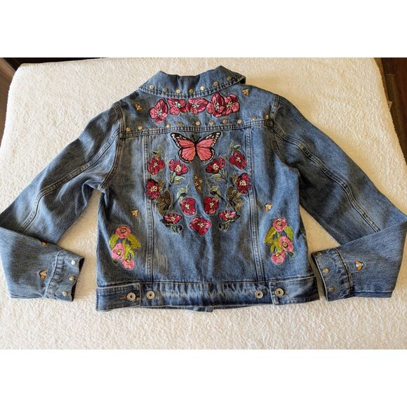 Bagatelle Embroidered Floral Butterfly Bee Trucker Denim Jacket   Sz M - Picture 5 of 10